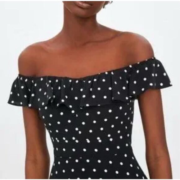 Zara NWT Black White Polka Dot Off Shoulder Tie Back Mini Sundress Size Small - Picture 3 of 12